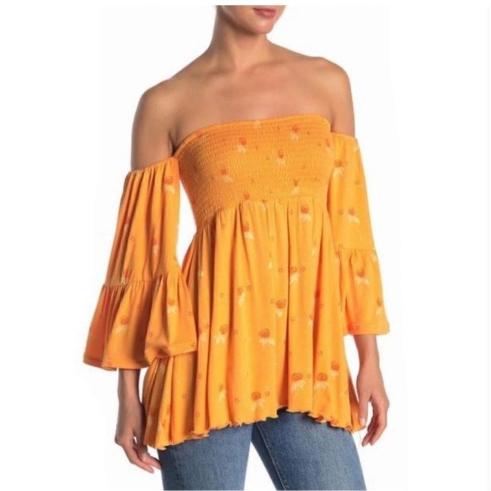 Free People Womens Lana Orange Floral Smocked Blouse Top size S